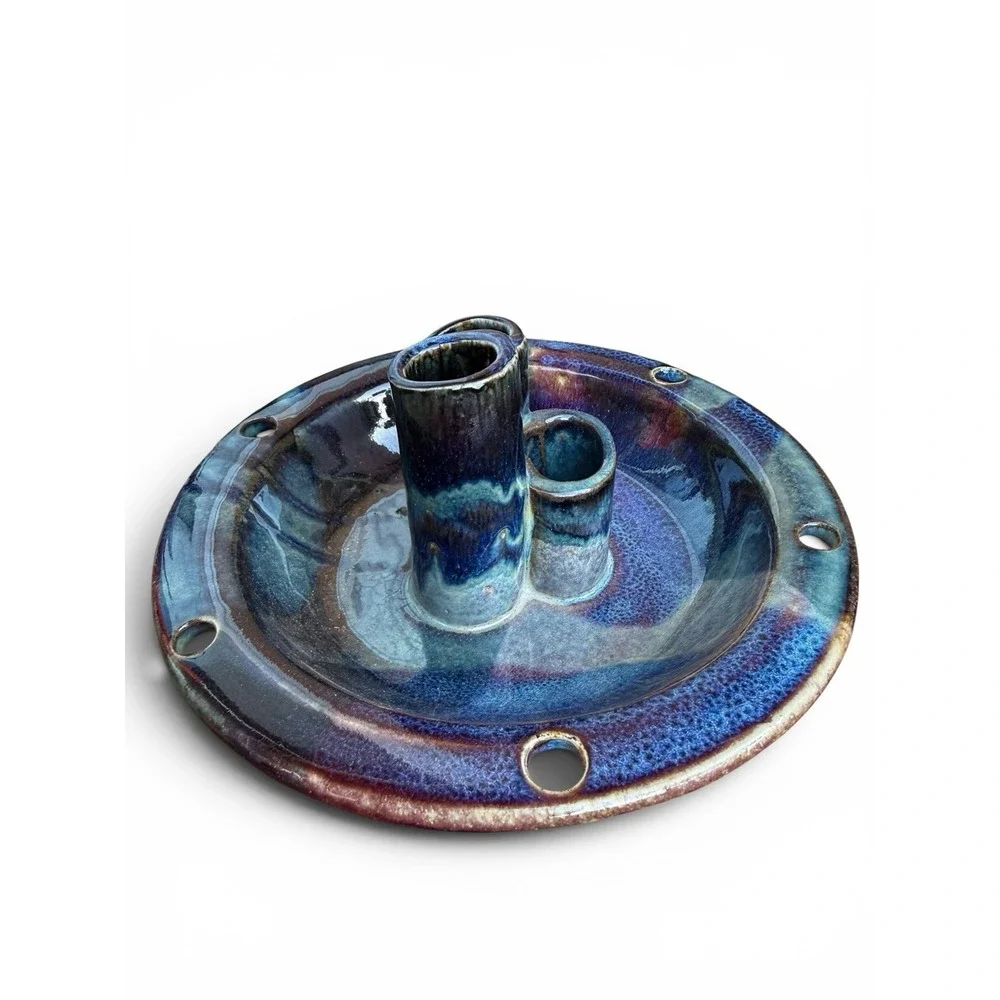 Vintage Art Pottery Ikebana Bowl Vase 3 Flutes Artisan Signed Piece Blue Glaze